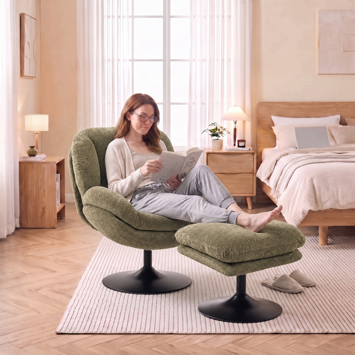 Chenille Fabric Armchair 69cm Wide With Ottoman - Velmora