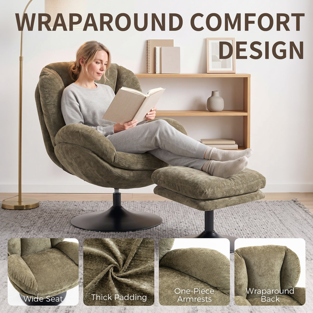 Chenille Fabric Armchair 69cm Wide With Ottoman - Velmora