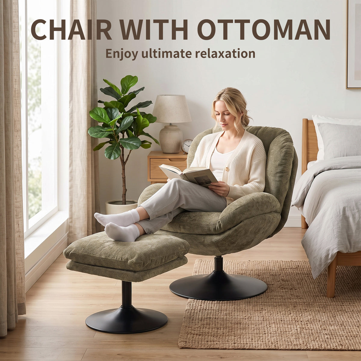 Chenille Fabric Armchair 69cm Wide With Ottoman - Velmora