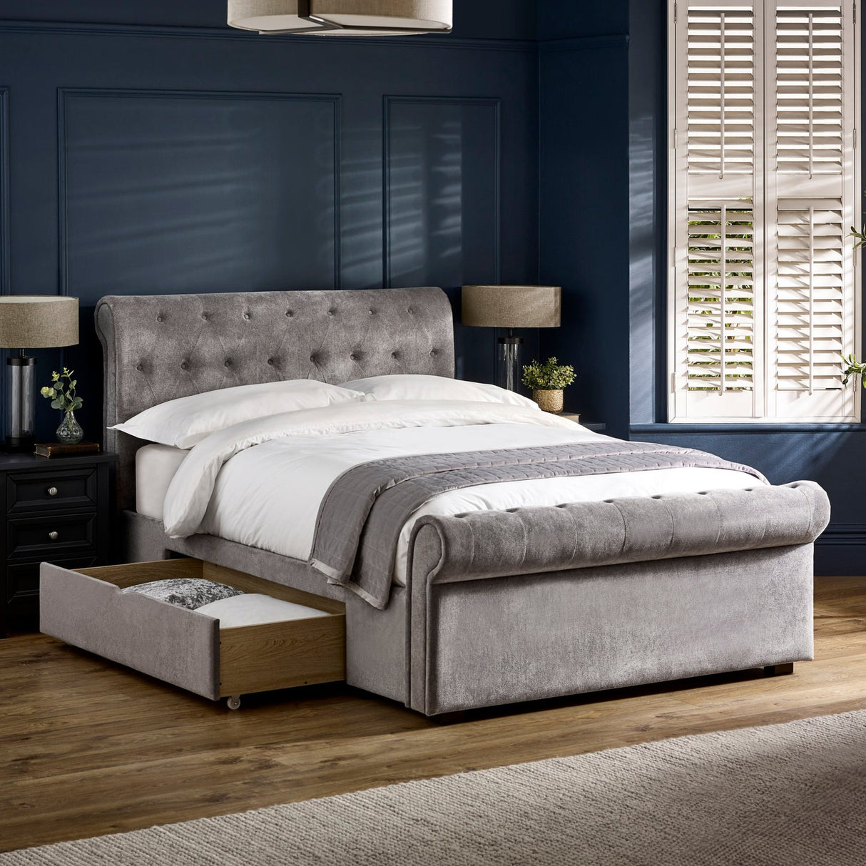 Chenille Fabric Double Bed With 2 Drawers - Ravello