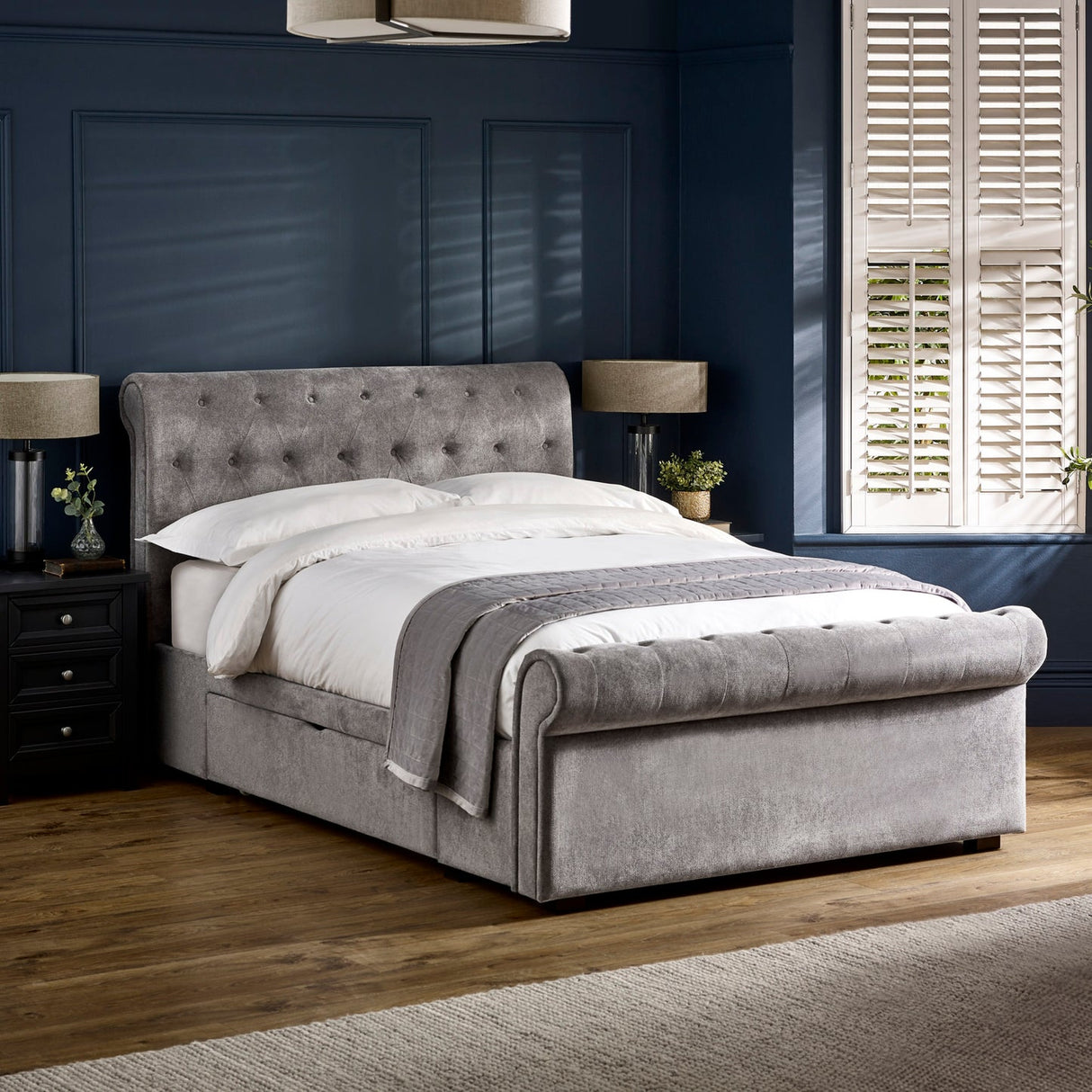 Chenille Fabric Double Bed With 2 Drawers - Ravello