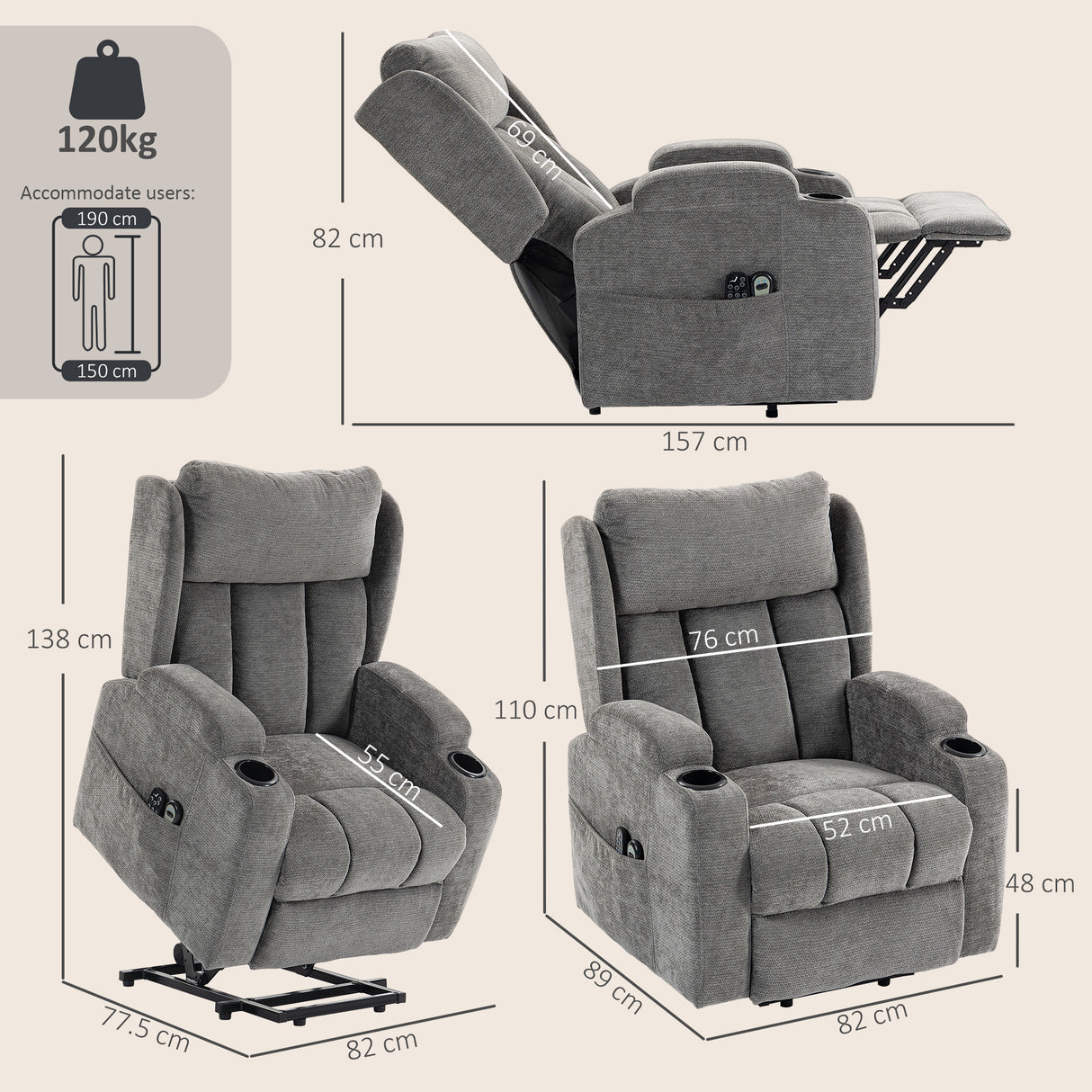 Chenille Fabric Recliner Chair 82cm Wide With Footrest - Velmora