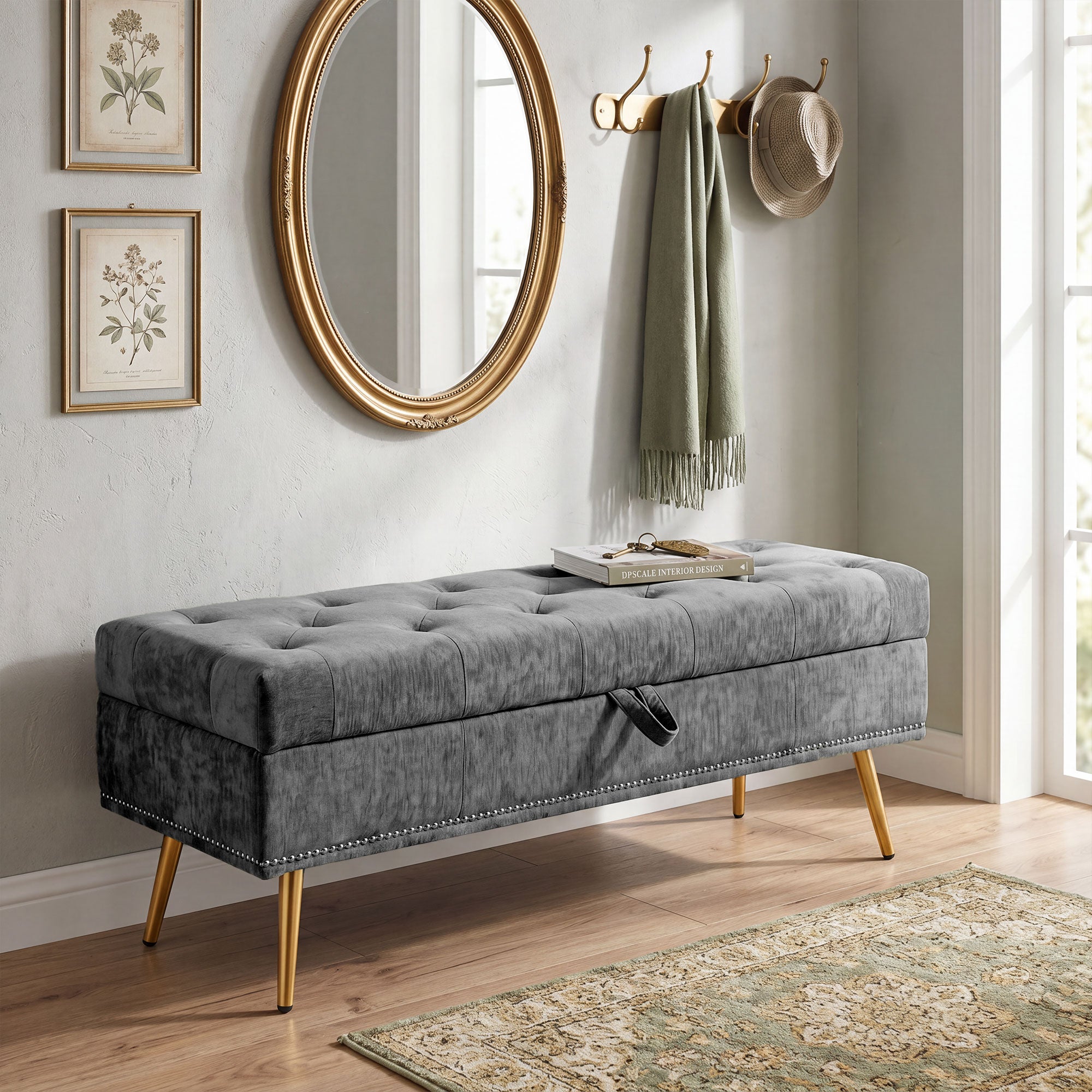 Chenille Fabric Storage Ottoman 114cm Wide With Metal Legs - Velmora