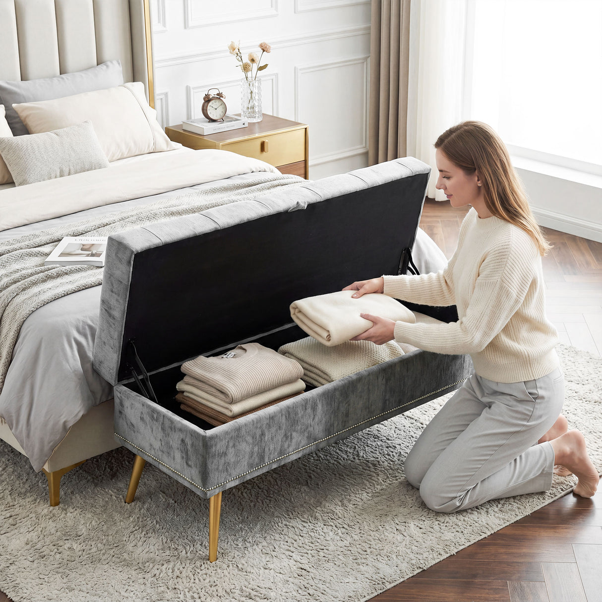 Chenille Fabric Storage Ottoman 114cm Wide With Metal Legs - Velmora