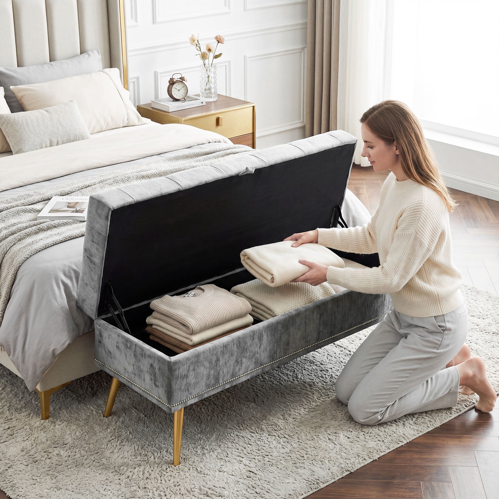 Chenille Fabric Storage Ottoman 114cm Wide With Metal Legs - Velmora