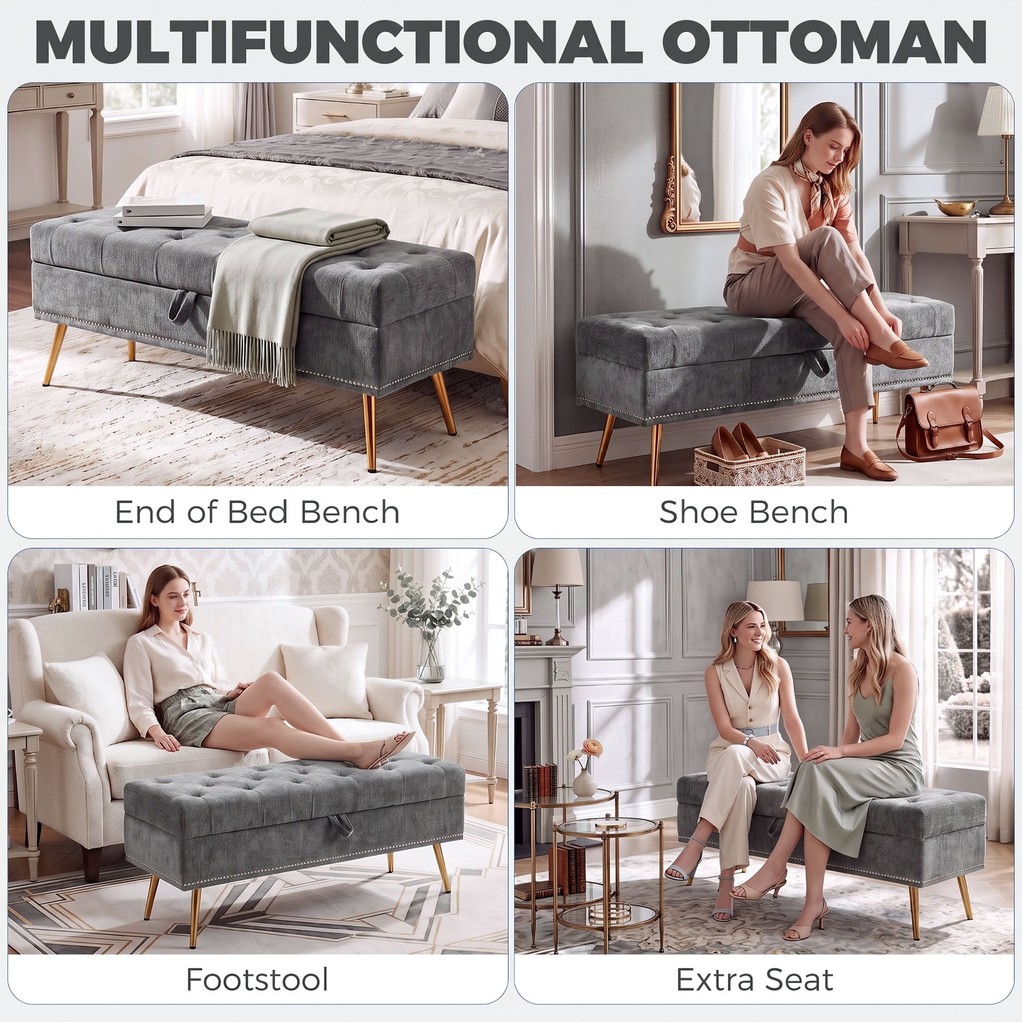 Chenille Fabric Storage Ottoman 114cm Wide With Metal Legs - Velmora