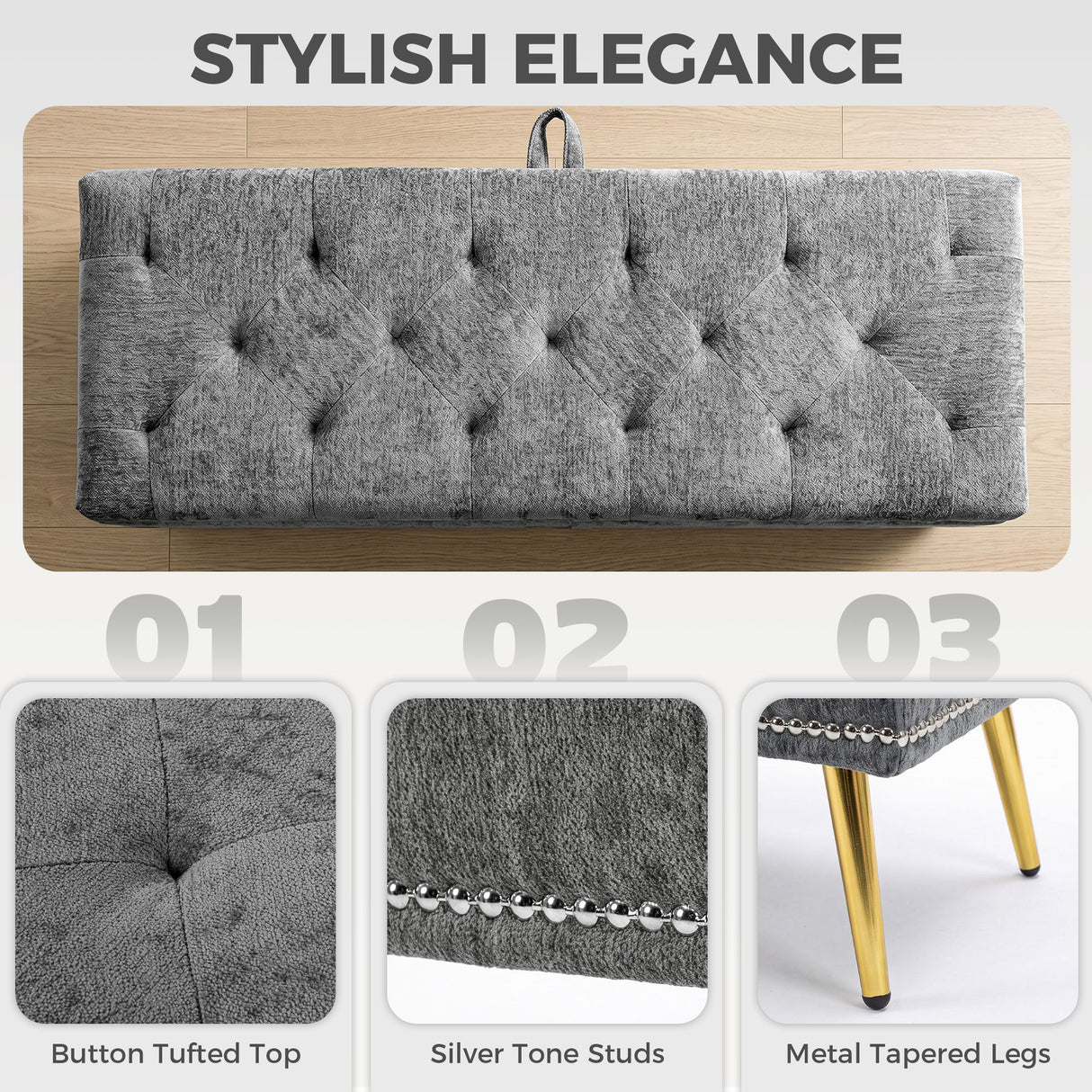 Chenille Fabric Storage Ottoman 114cm Wide With Metal Legs - Velmora