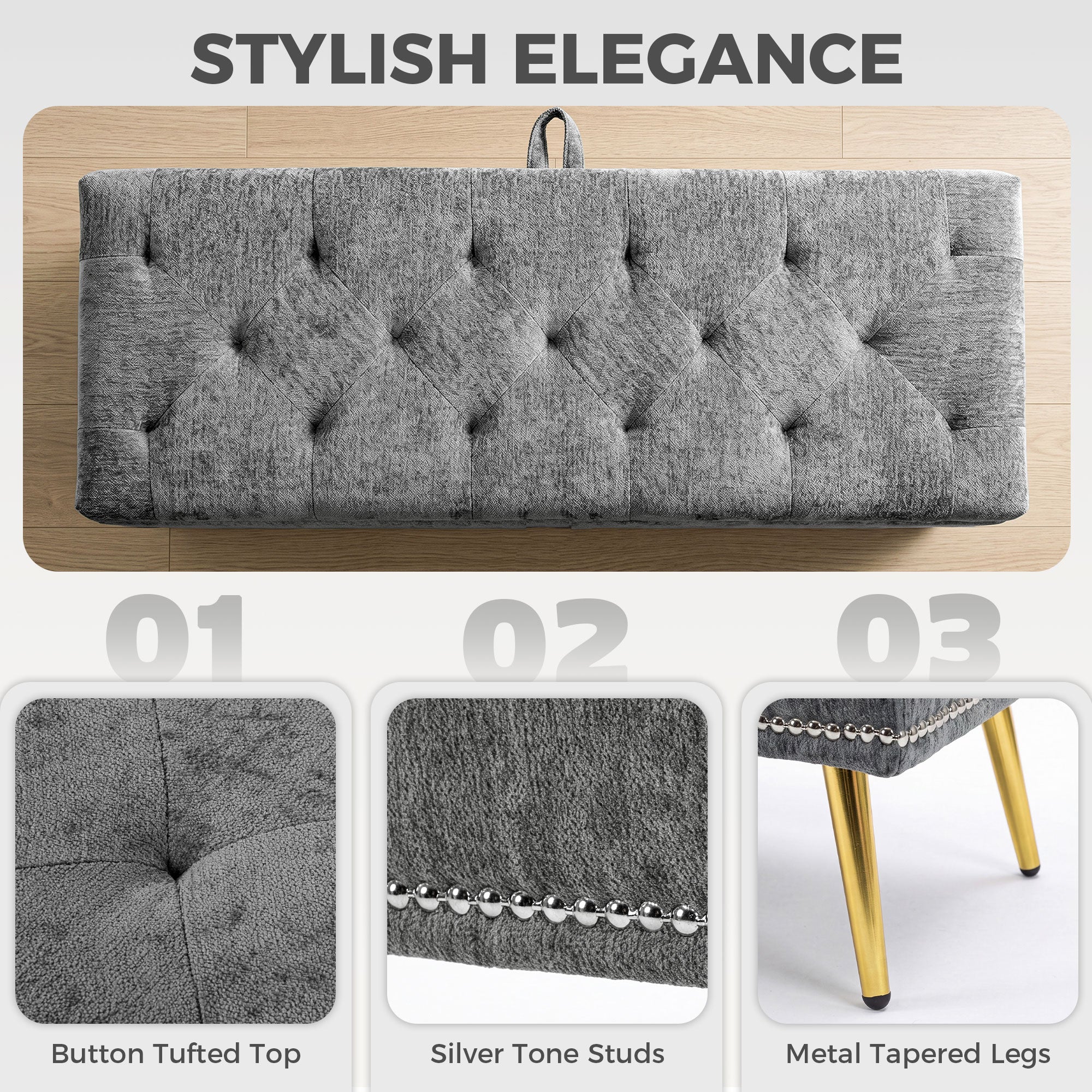 Chenille Fabric Storage Ottoman 114cm Wide With Metal Legs - Velmora
