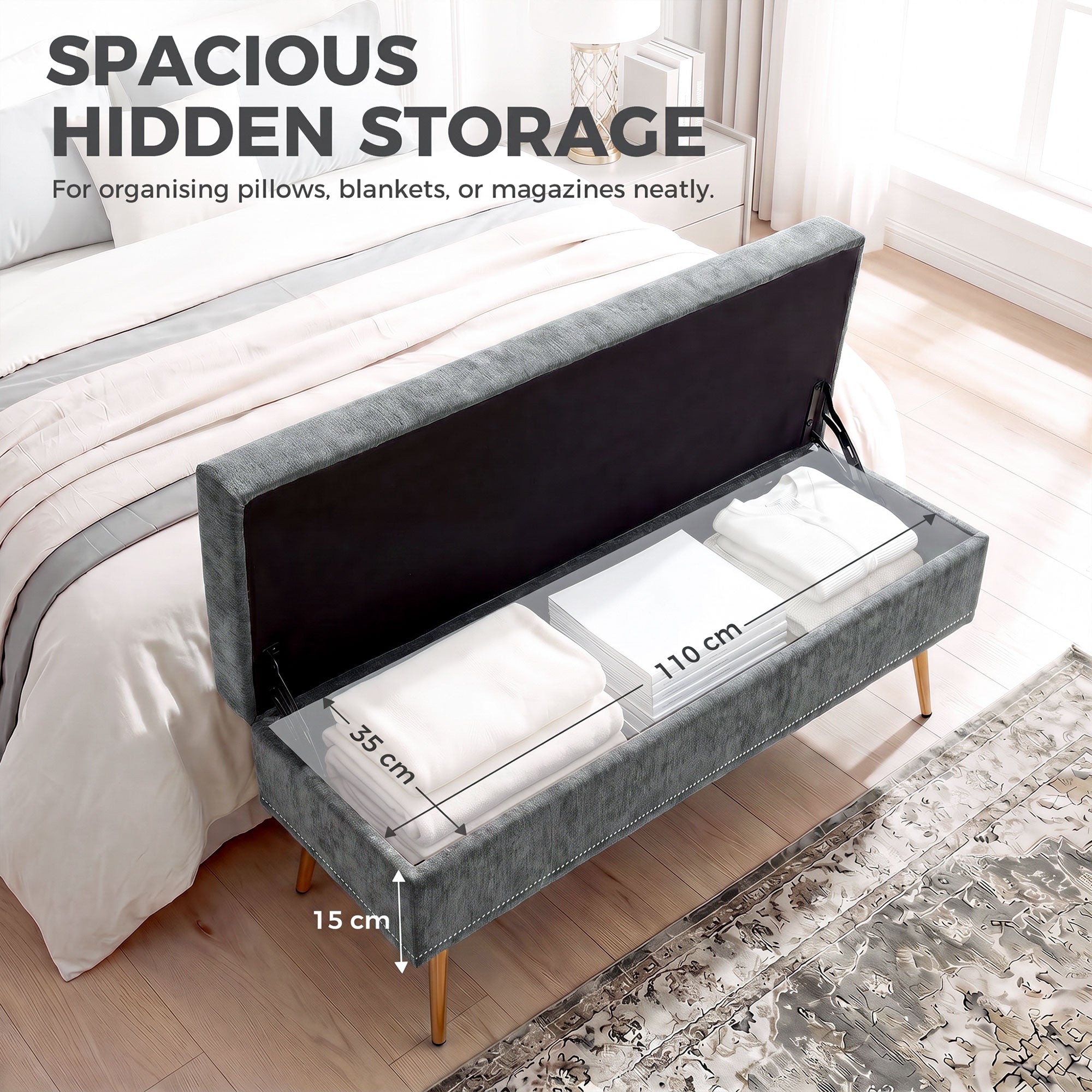 Chenille Fabric Storage Ottoman 114cm Wide With Metal Legs - Velmora