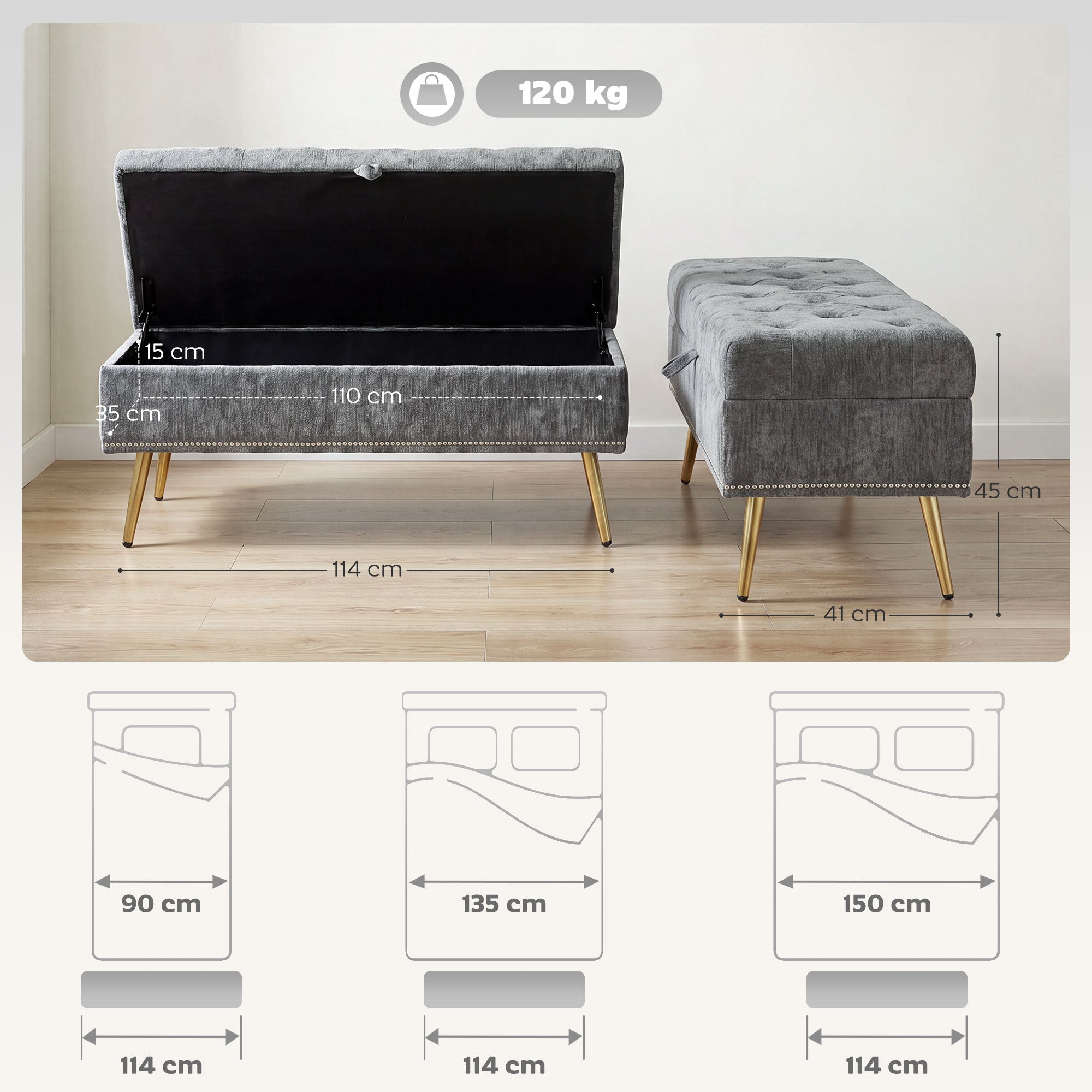 Chenille Fabric Storage Ottoman 114cm Wide With Metal Legs - Velmora