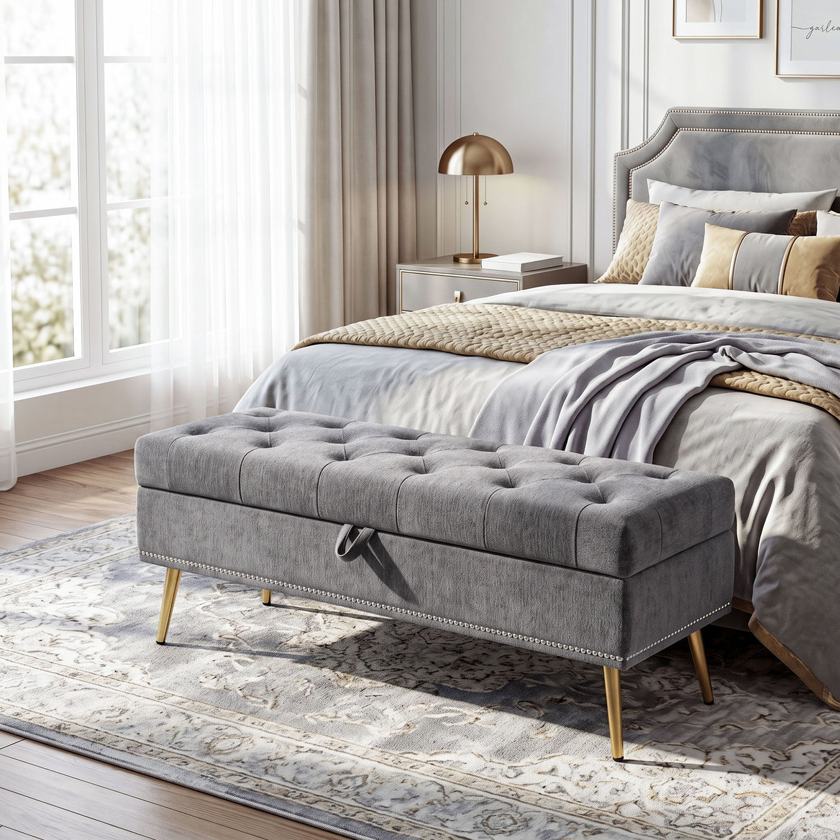 Chenille Fabric Storage Ottoman 114cm Wide With Metal Legs - Velmora