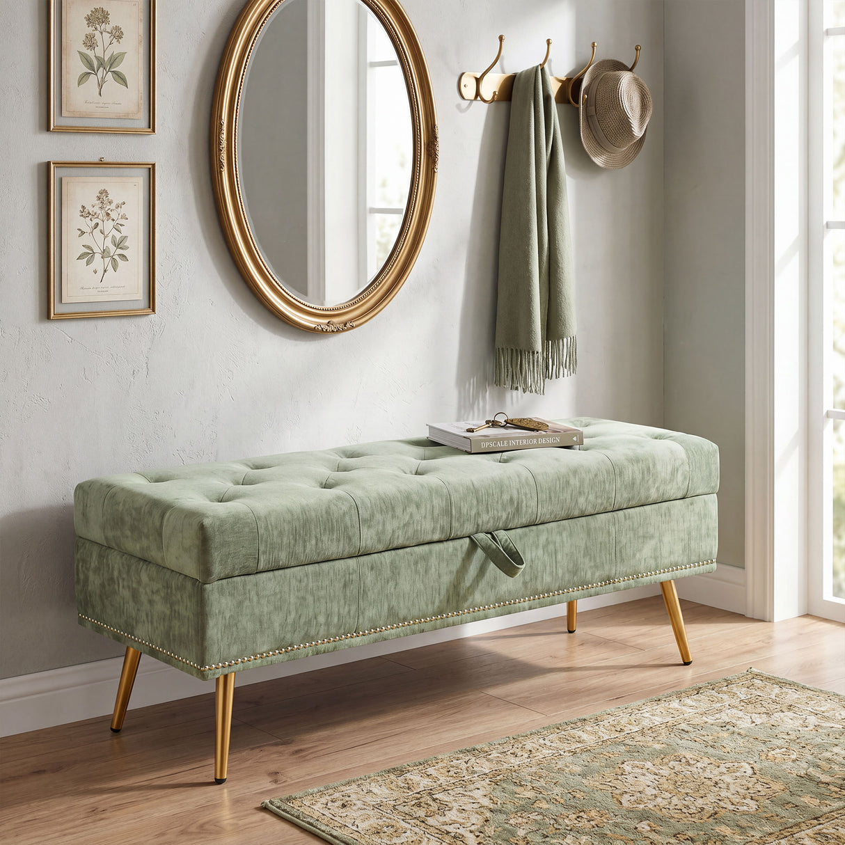 Chenille Fabric Storage Ottoman 114cm Wide With Metal Legs - Velmora