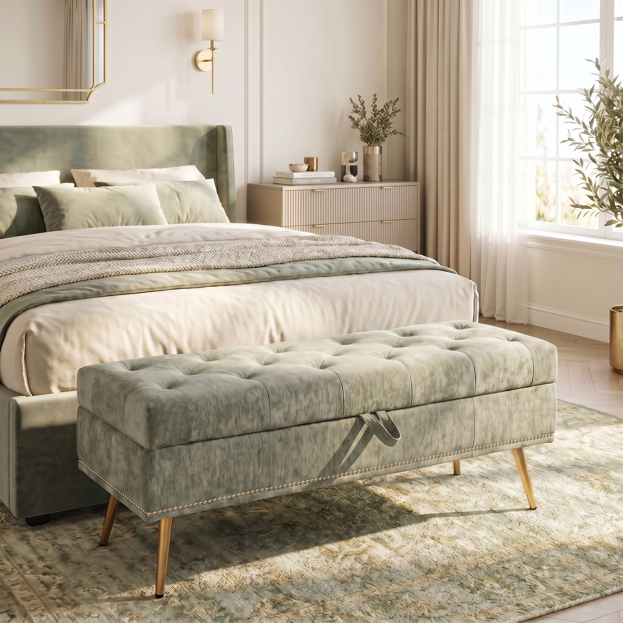 Chenille Fabric Storage Ottoman 114cm Wide With Metal Legs - Velmora