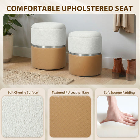 Chenille Fabric Storage Ottoman 36cm Wide Round in Set Of 2 - Velmora