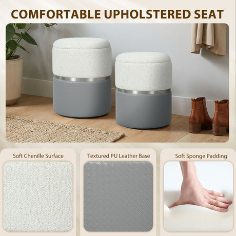 Chenille Fabric Storage Ottoman 36cm Wide Round in Set Of 2 - Velmora