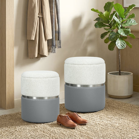 Chenille Fabric Storage Ottoman 36cm Wide Round in Set Of 2 - Velmora