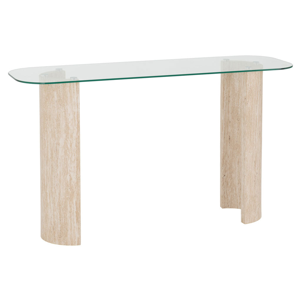 Clear Glass Console Table With Cream Marble Effect Base - Modena