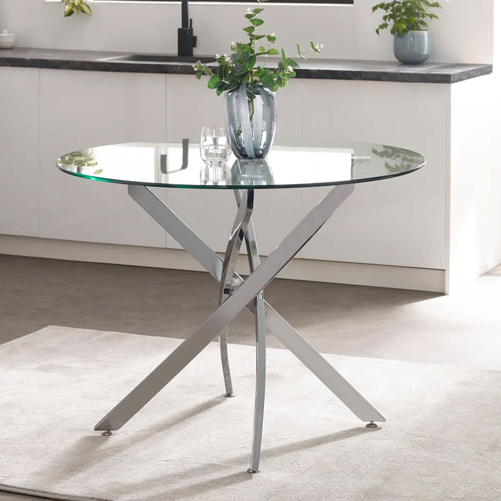 Clear Glass Dining Table Round With Chrome Base - Anderson