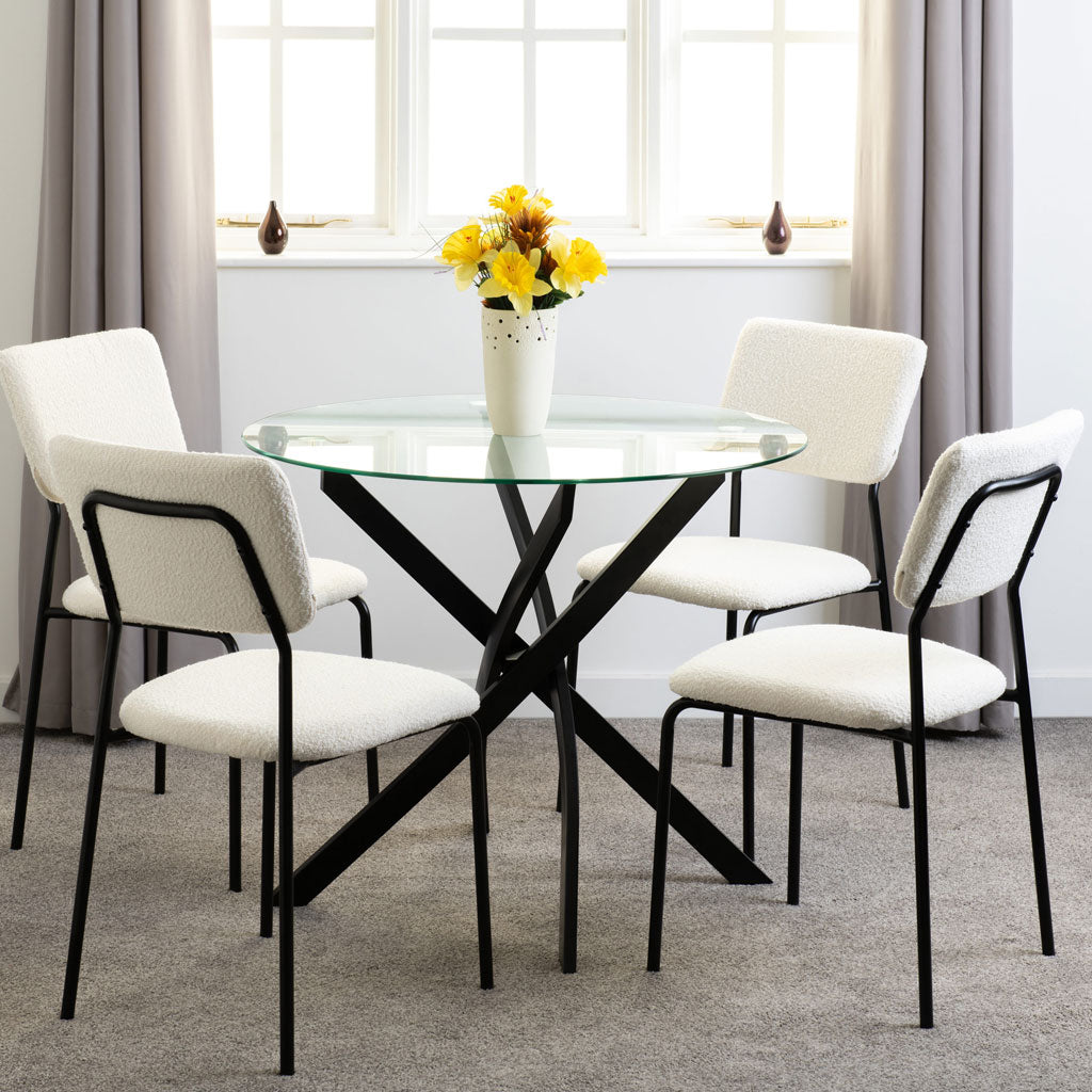 Clear Glass Dining Table With 4 Boucle Fabric Dining Chairs - Sheldon