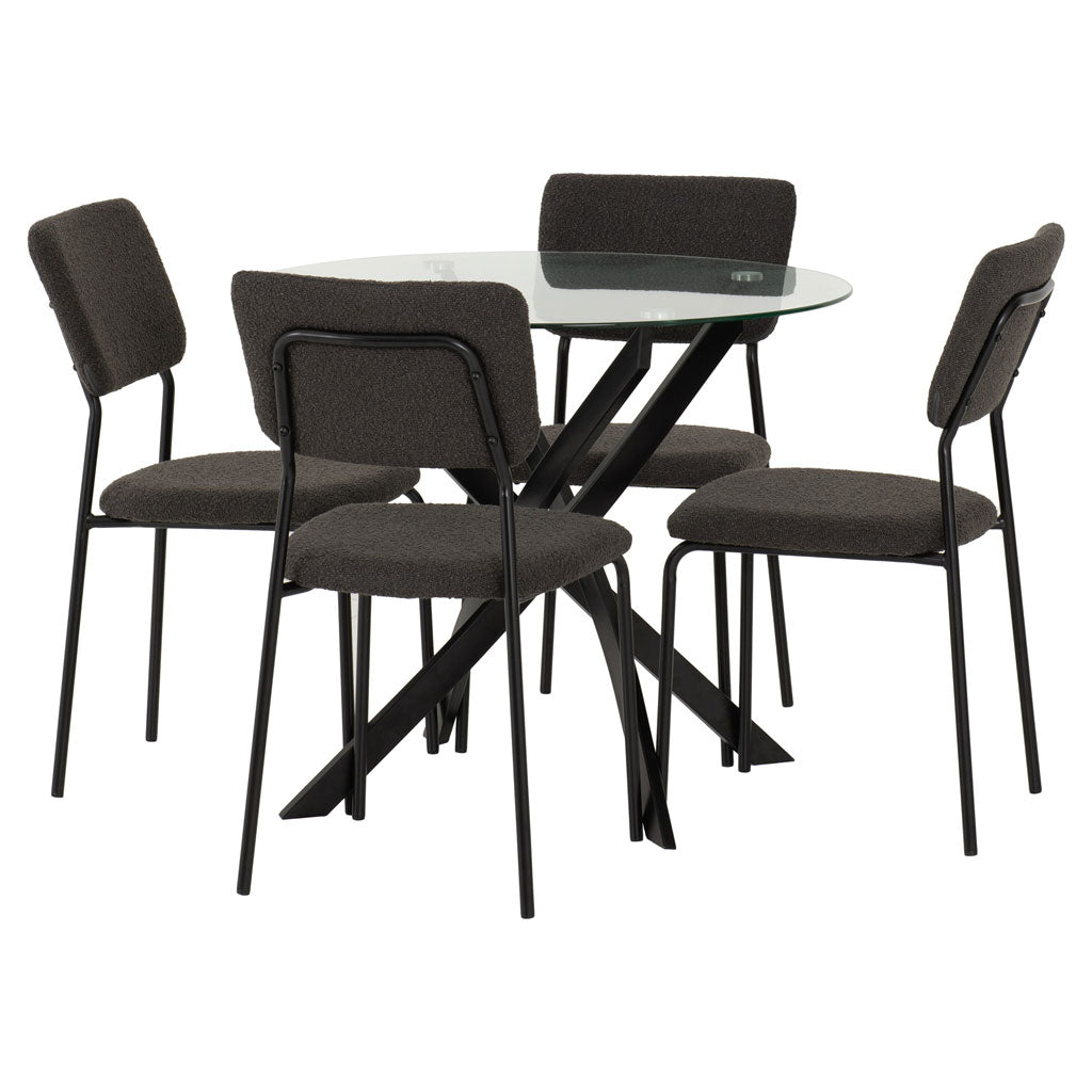 Clear Glass Dining Table With 4 Boucle Fabric Dining Chairs - Sheldon
