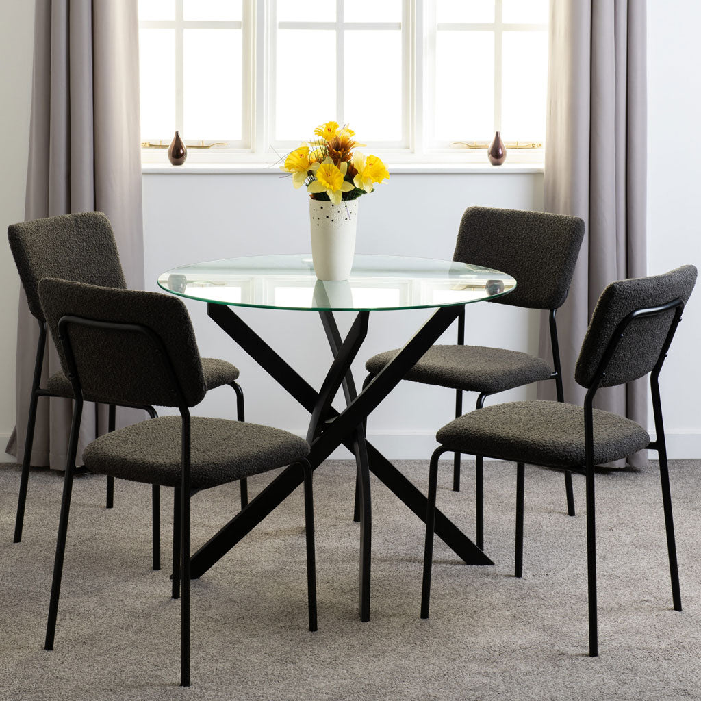 Clear Glass Dining Table With 4 Boucle Fabric Dining Chairs - Sheldon