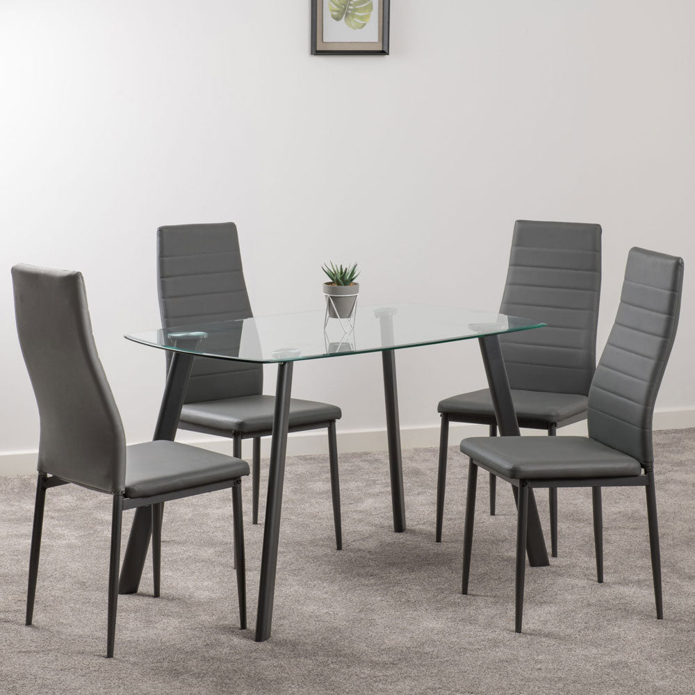 Clear Glass Dining Table With 4 Faux Leather Dining Chairs - Abbey