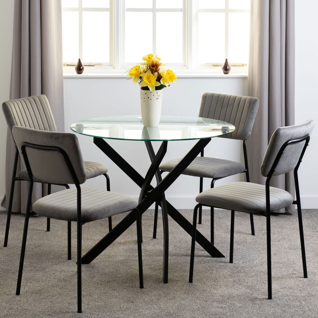 Clear Glass Dining Table With 4 Velvet Dining Chairs - Sheldon