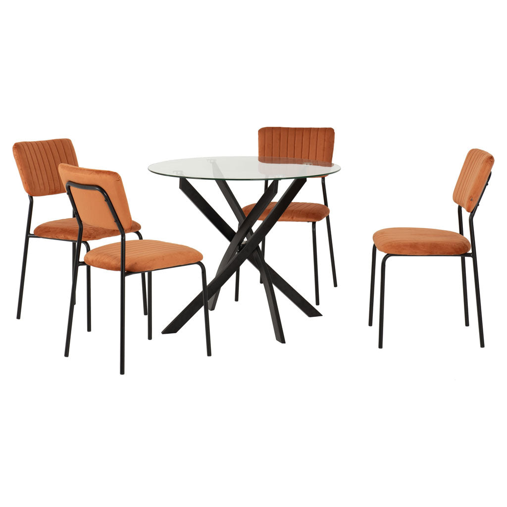 Clear Glass Dining Table With 4 Velvet Dining Chairs - Sheldon
