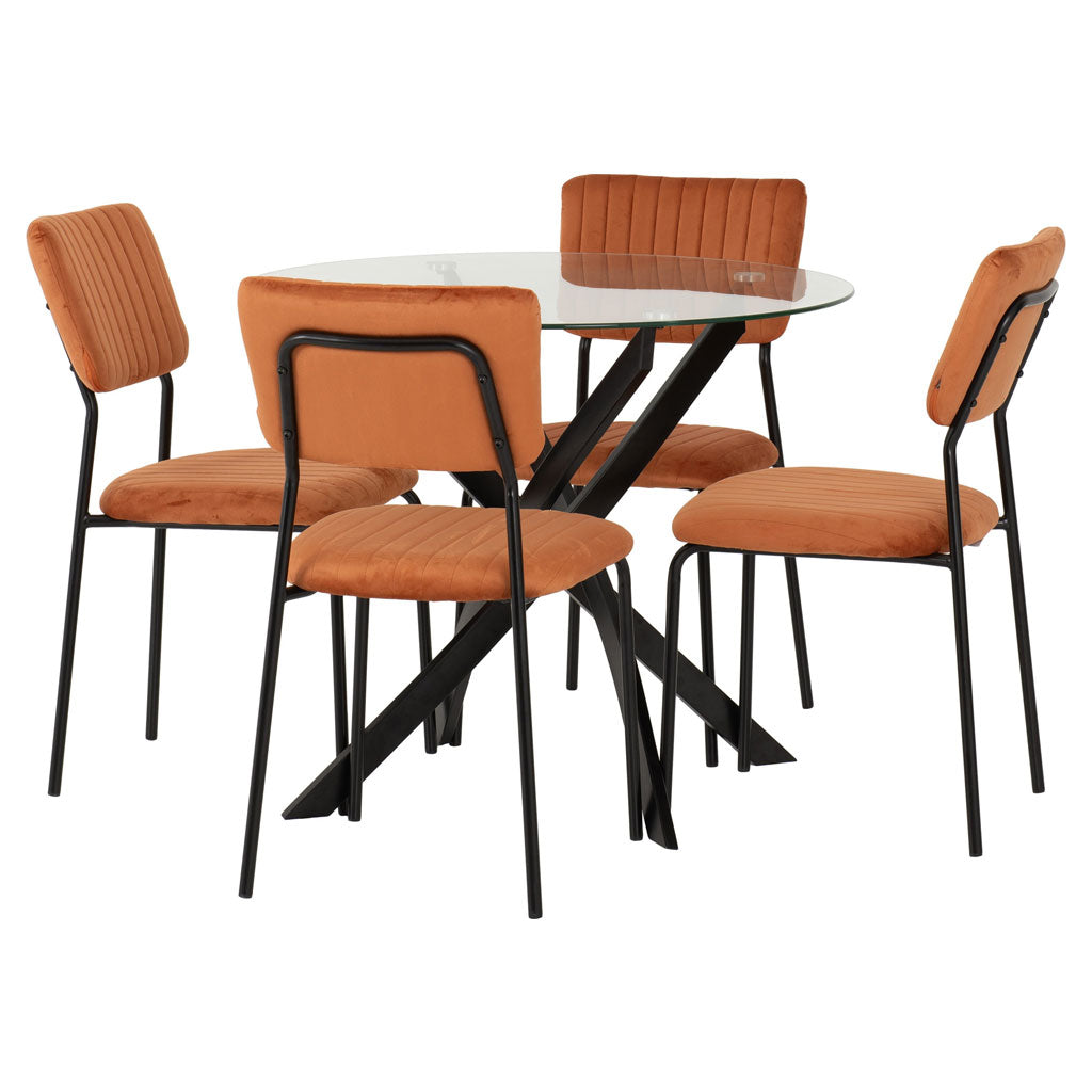 Clear Glass Dining Table With 4 Velvet Dining Chairs - Sheldon