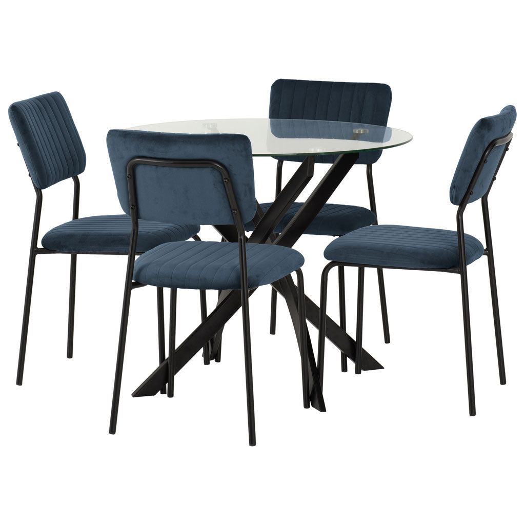 Clear Glass Dining Table With 4 Velvet Dining Chairs - Sheldon