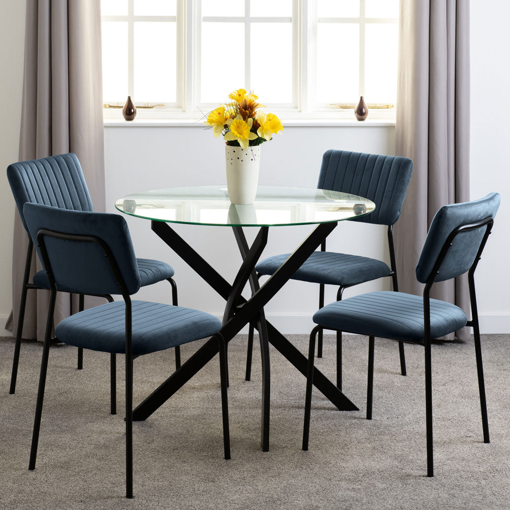 Clear Glass Dining Table With 4 Velvet Dining Chairs - Sheldon