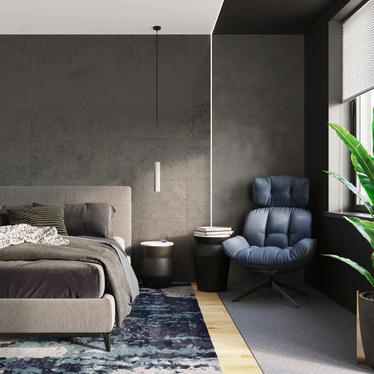 Concrete Pendant Light With Luvo 3L Lamps - Persian Indigo