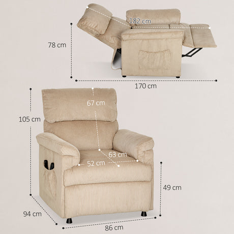 Corduroy Fabric Recliner Chair 86cm Wide With Footrest - Velmora