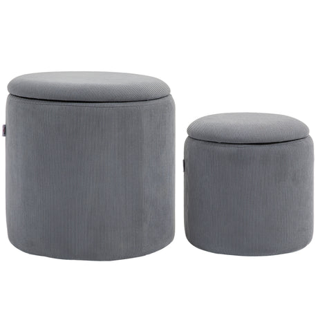Corduroy Fabric Storage Ottoman 40cm Wide Round in Set Of 2 - Velmora