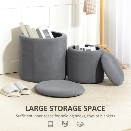 Corduroy Fabric Storage Ottoman 40cm Wide Round in Set Of 2 - Velmora