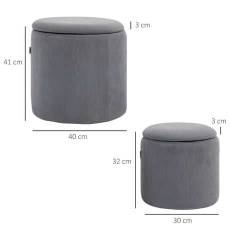 Corduroy Fabric Storage Ottoman 40cm Wide Round in Set Of 2 - Velmora