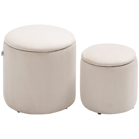 Corduroy Fabric Storage Ottoman 40cm Wide Round in Set Of 2 - Velmora