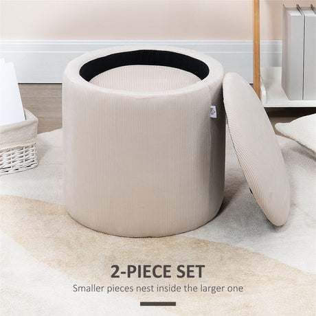 Corduroy Fabric Storage Ottoman 40cm Wide Round in Set Of 2 - Velmora