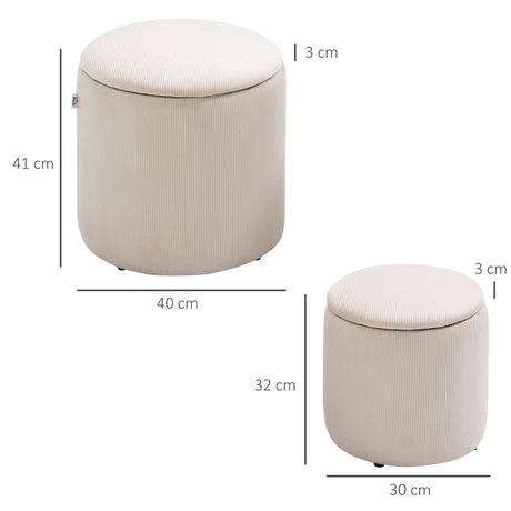 Corduroy Fabric Storage Ottoman 40cm Wide Round in Set Of 2 - Velmora