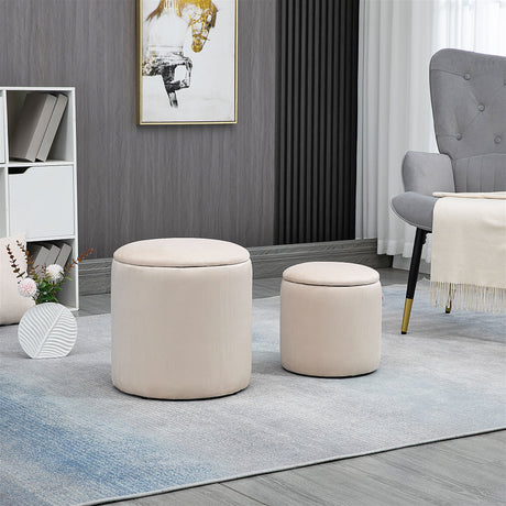 Corduroy Fabric Storage Ottoman 40cm Wide Round in Set Of 2 - Velmora