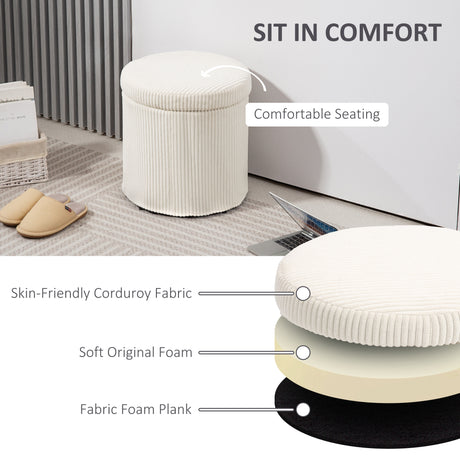 Corduroy Fabric Storage Ottoman 40cm Wide Round - Velmora