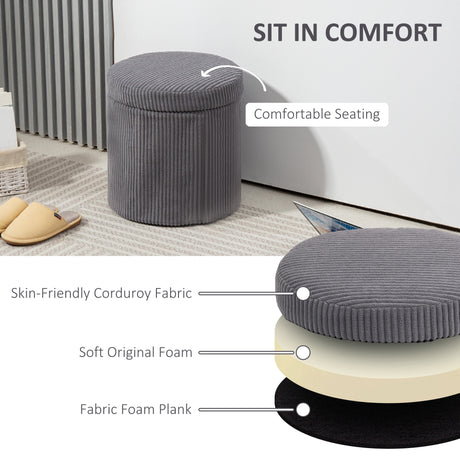 Corduroy Fabric Storage Ottoman 40cm Wide Round - Velmora