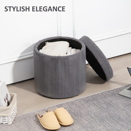 Corduroy Fabric Storage Ottoman 40cm Wide Round - Velmora