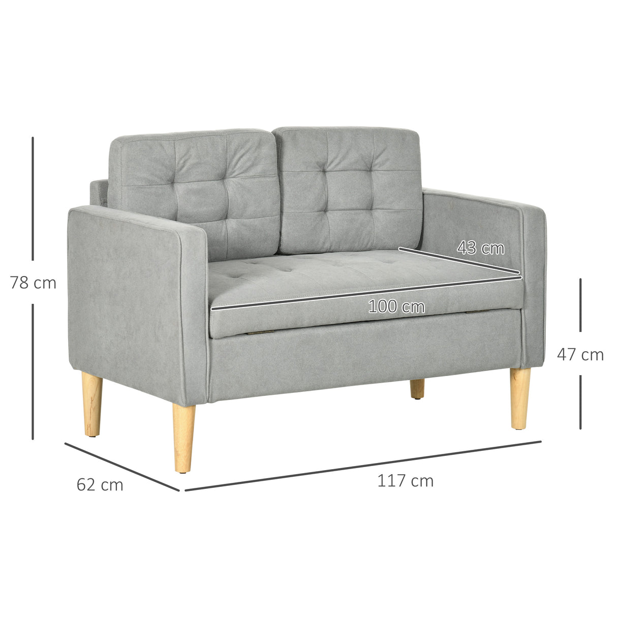 Fabric 2 Seater Sofa 117cm Wide With Rubberwood Legs - Velmora