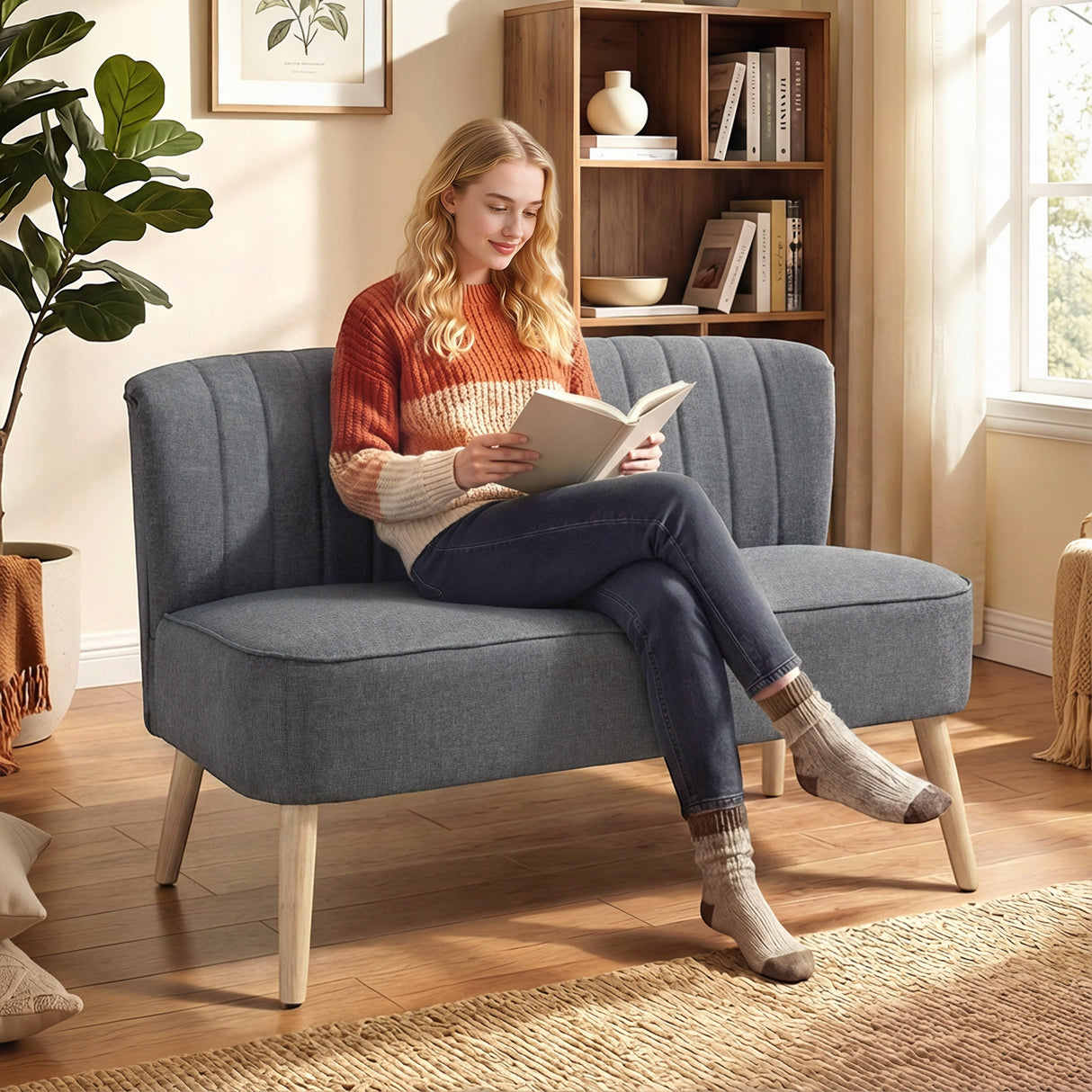 Fabric 2 Seater Sofa 117cm Wide With Wooden Legs - Velmora