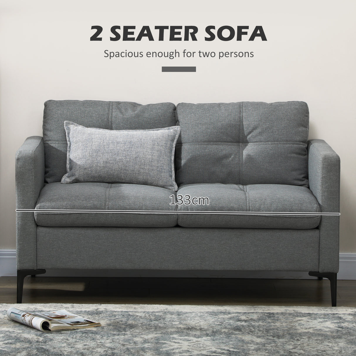 Fabric 2 Seater Sofa 133cm Wide With Steel Legs - Velmora