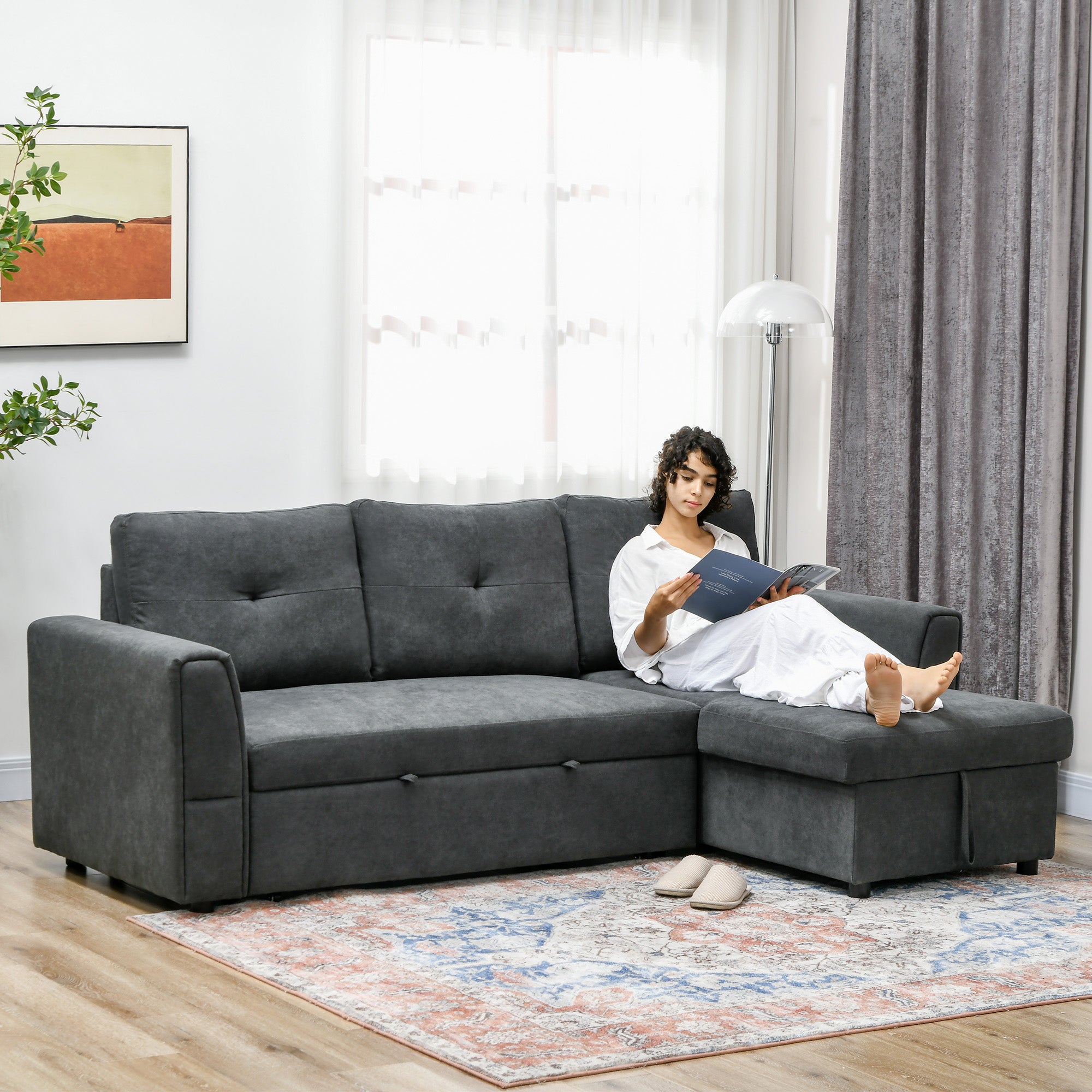 Fabric 3 Seater L Shape Sofa Bed With Storage - Velmora