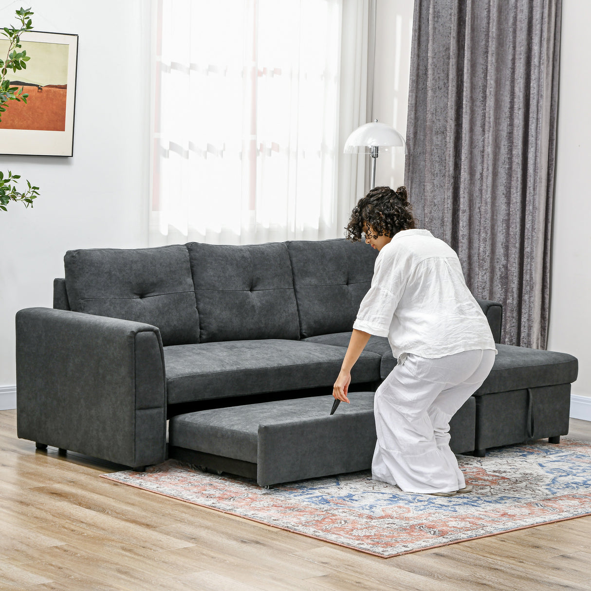 Fabric 3 Seater L Shape Sofa Bed With Storage - Velmora