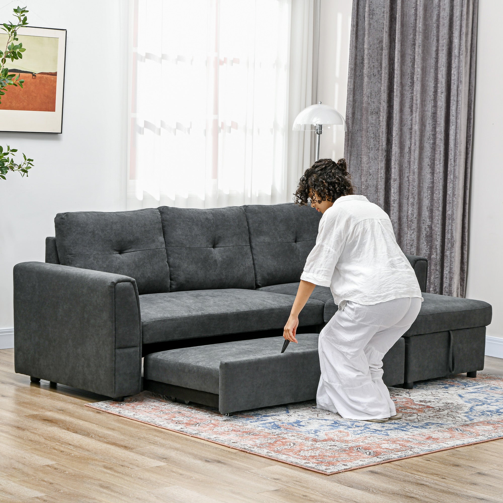 Fabric 3 Seater L Shape Sofa Bed With Storage - Velmora