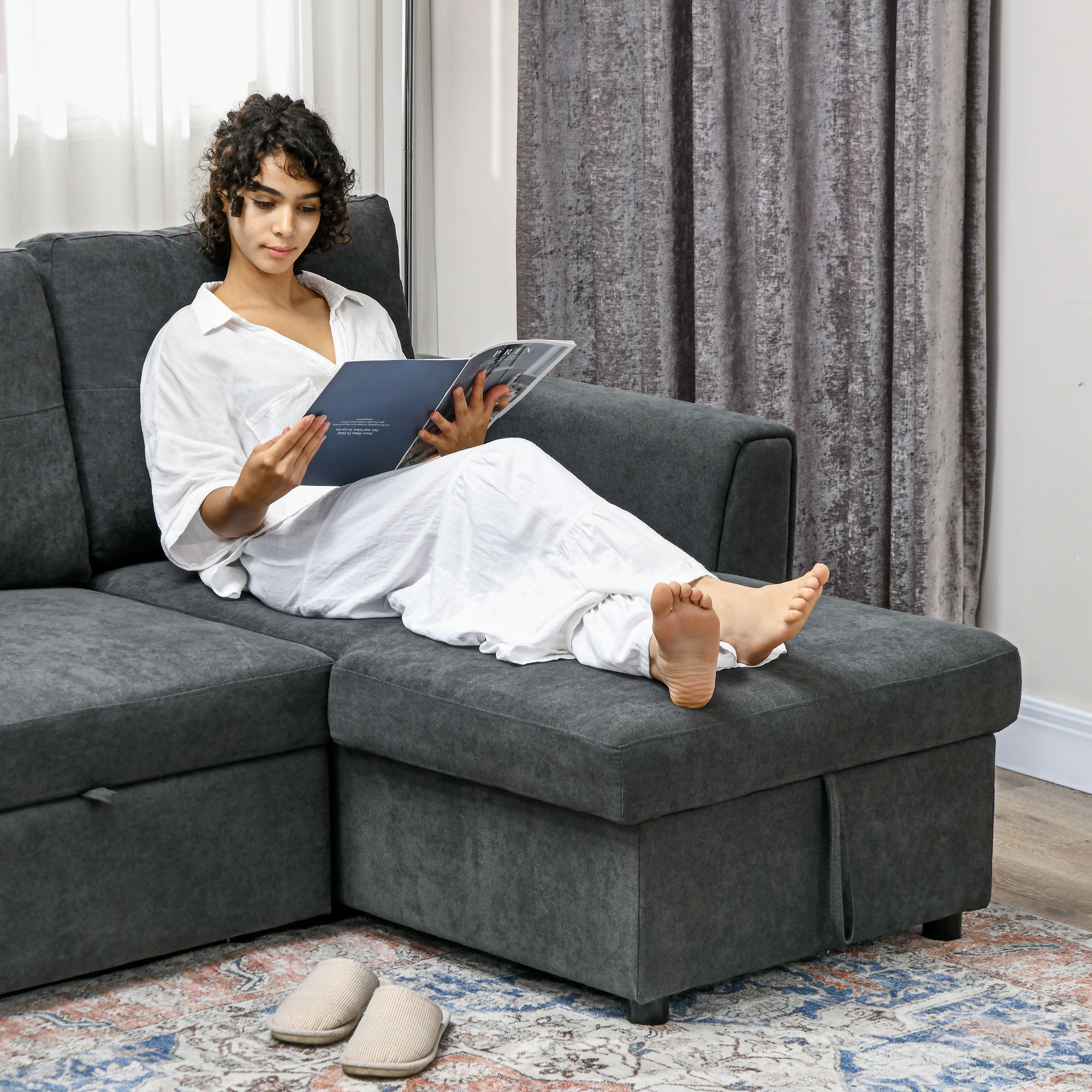 Fabric 3 Seater L Shape Sofa Bed With Storage - Velmora